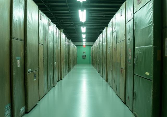 Interno di un caveau di stoccaggio con file di dipinti imballati.